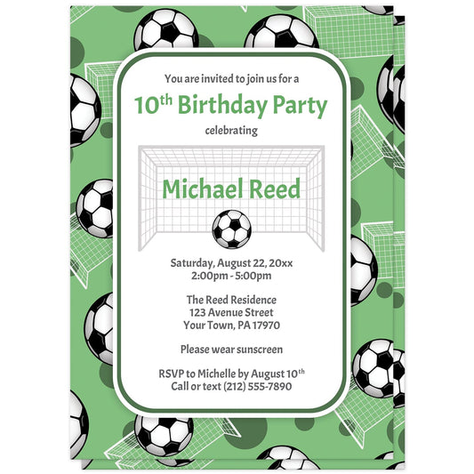 Soccer Ball and Goal Green Birthday Party Invitations at Artistically Invited. Sports-themed soccer ball and goal green birthday party invitations for any age or milestone that are uniquely illustrated with a pattern of soccer balls and soccer goals over a green background color. Your personalized birthday party details are custom printed in green and gray over white in the center over the soccer pattern.