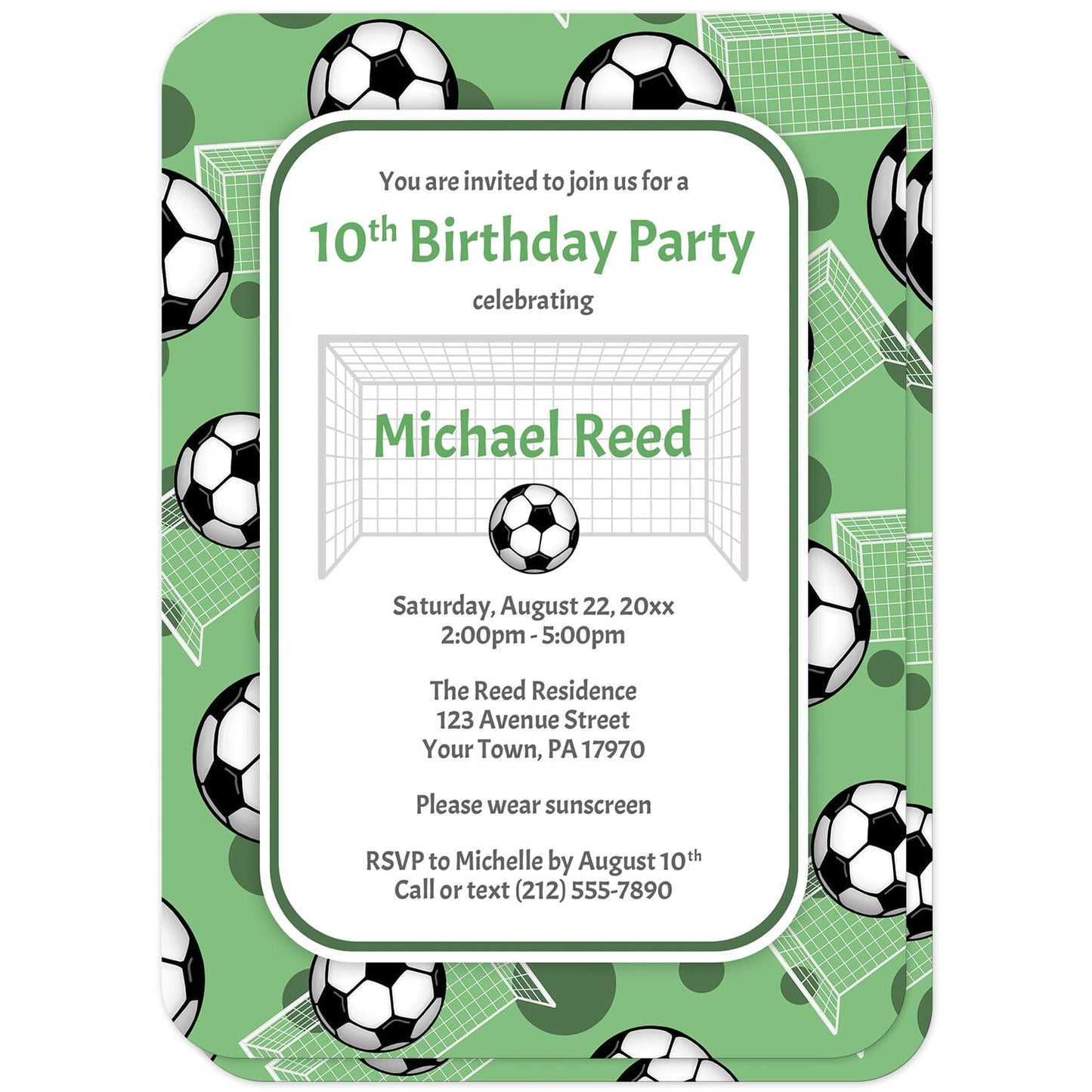 Soccer Ball and Goal Green Birthday Party Invitations (with rounded corners) at Artistically Invited. Sports-themed soccer ball and goal green birthday party invitations for any age or milestone that are uniquely illustrated with a pattern of soccer balls and soccer goals over a green background color. Your personalized birthday party details are custom printed in green and gray over white in the center over the soccer pattern.
