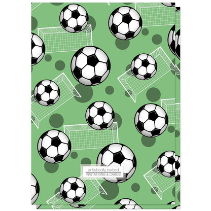 Soccer Ball and Goal Green Birthday Party Invitations (back side) at Artistically Invited.