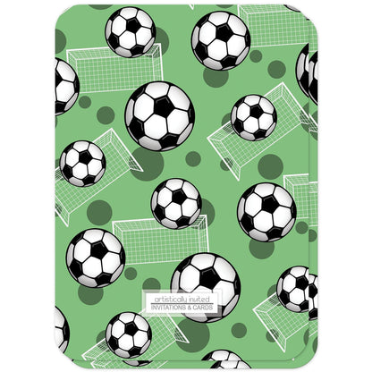 Soccer Ball and Goal Green Birthday Party Invitations (back side with rounded corners) at Artistically Invited.