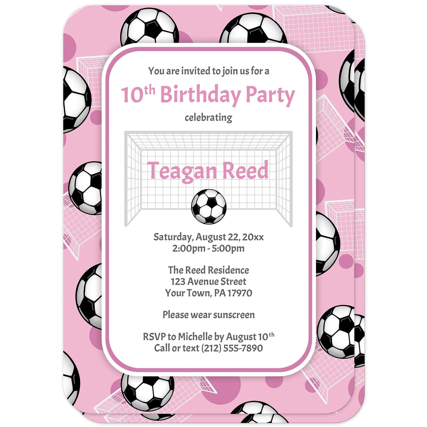 Soccer Ball and Goal Pink Birthday Party Invitations (with rounded corners) at Artistically Invited. Sports-themed soccer ball and goal pink birthday party invitations for any age or milestone that are uniquely illustrated with a pattern of soccer balls and soccer goals over a pink background color. Your personalized birthday party details are custom printed in pink and gray over white in the center over the soccer pattern.