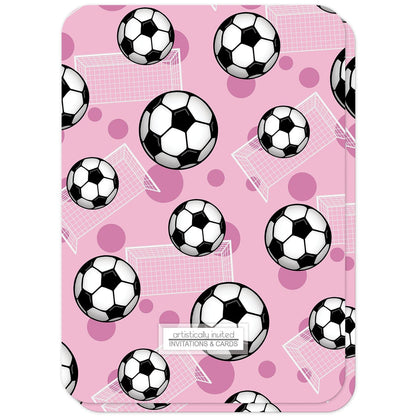 Soccer Ball and Goal Pink Birthday Party Invitations (back side with rounded corners) at Artistically Invited.