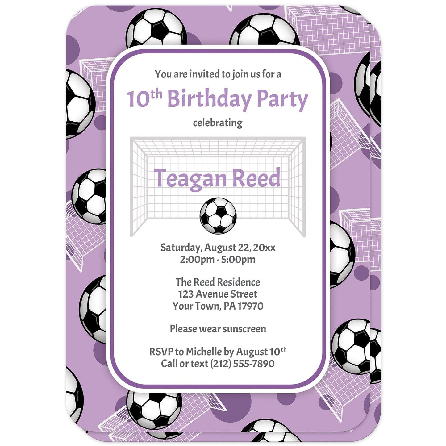 Soccer Ball and Goal Purple Birthday Party Invitations (with rounded corners) at Artistically Invited. Sports-themed soccer ball and goal purple birthday party invitations for any age or milestone that are uniquely illustrated with a pattern of soccer balls and soccer goals over a purple background color. Your personalized birthday party details are custom printed in purple and gray over white in the center over the soccer pattern.