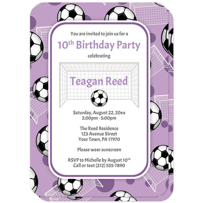 Soccer Ball and Goal Purple Birthday Party Invitations (with rounded corners) at Artistically Invited. Sports-themed soccer ball and goal purple birthday party invitations for any age or milestone that are uniquely illustrated with a pattern of soccer balls and soccer goals over a purple background color. Your personalized birthday party details are custom printed in purple and gray over white in the center over the soccer pattern.