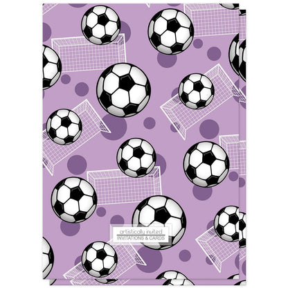 Soccer Ball and Goal Purple Birthday Party Invitations (back side) at Artistically Invited.