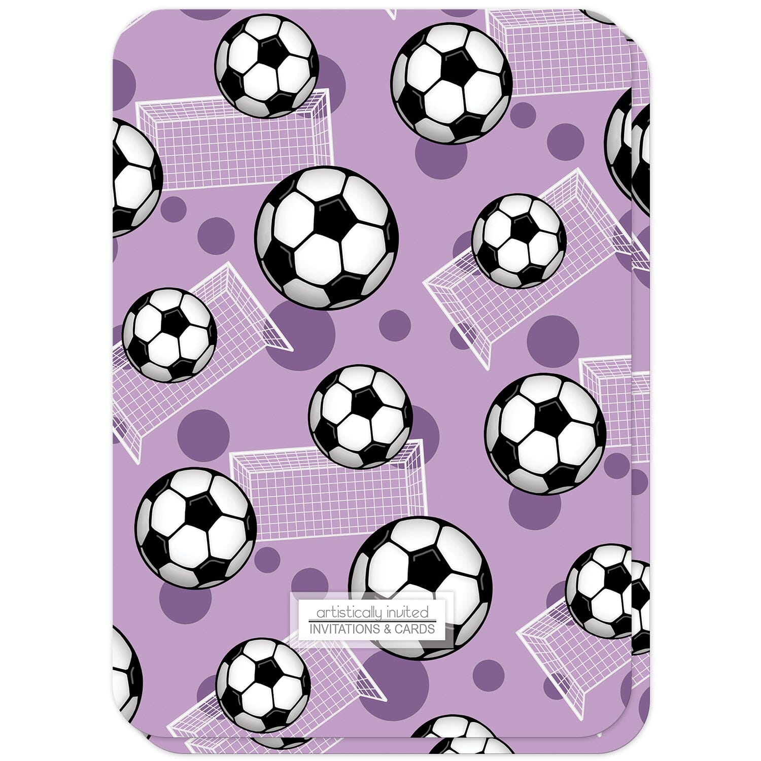 Soccer Ball and Goal Purple Birthday Party Invitations (back side with rounded corners) at Artistically Invited.