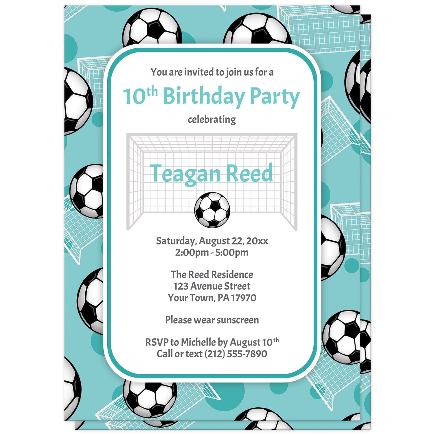 Soccer Ball and Goal Teal Birthday Party Invitations at Artistically Invited. Sports-themed soccer ball and goal teal birthday party invitations for any age or milestone that are uniquely illustrated with a pattern of soccer balls and soccer goals over a teal background color. Your personalized birthday party details are custom printed in teal and gray over white in the center over the soccer pattern.
