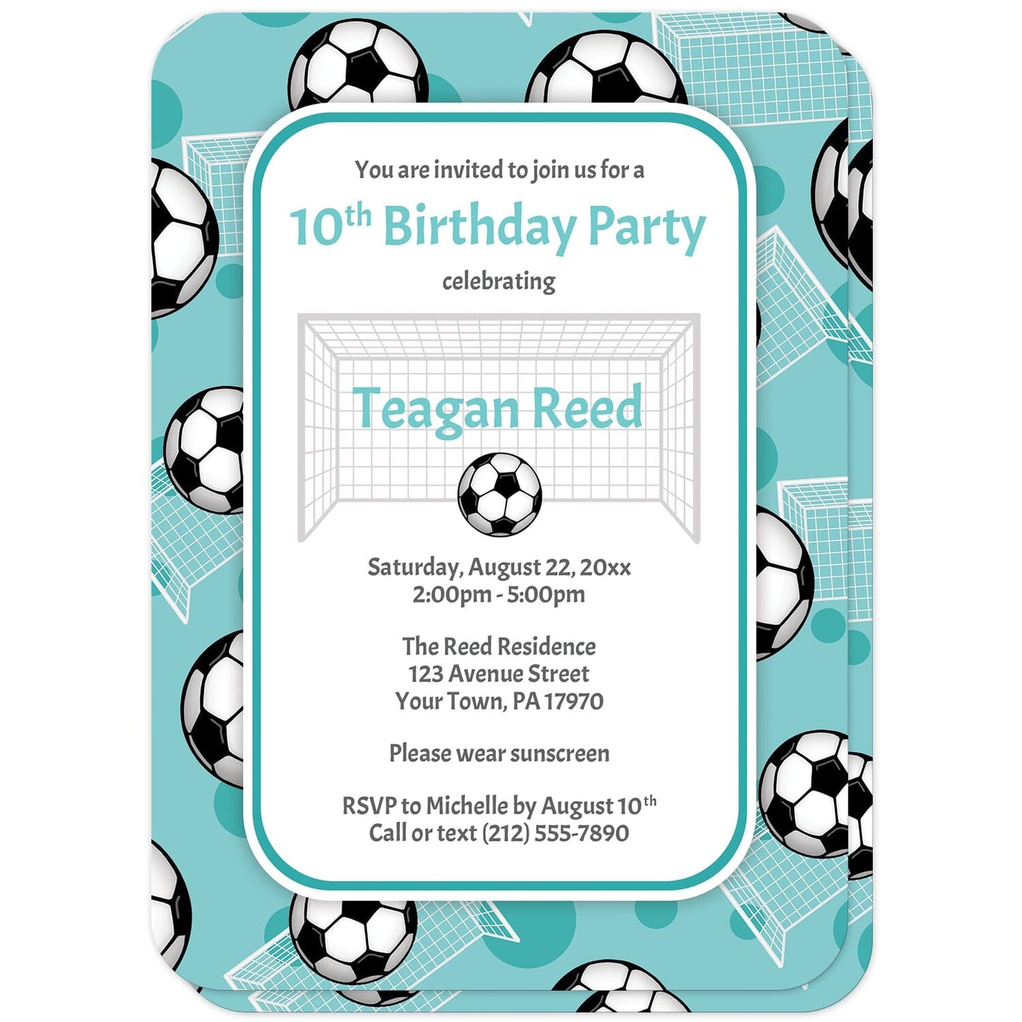 Soccer Ball and Goal Teal Birthday Party Invitations (with rounded corners) at Artistically Invited. Sports-themed soccer ball and goal teal birthday party invitations for any age or milestone that are uniquely illustrated with a pattern of soccer balls and soccer goals over a teal background color. Your personalized birthday party details are custom printed in teal and gray over white in the center over the soccer pattern.
