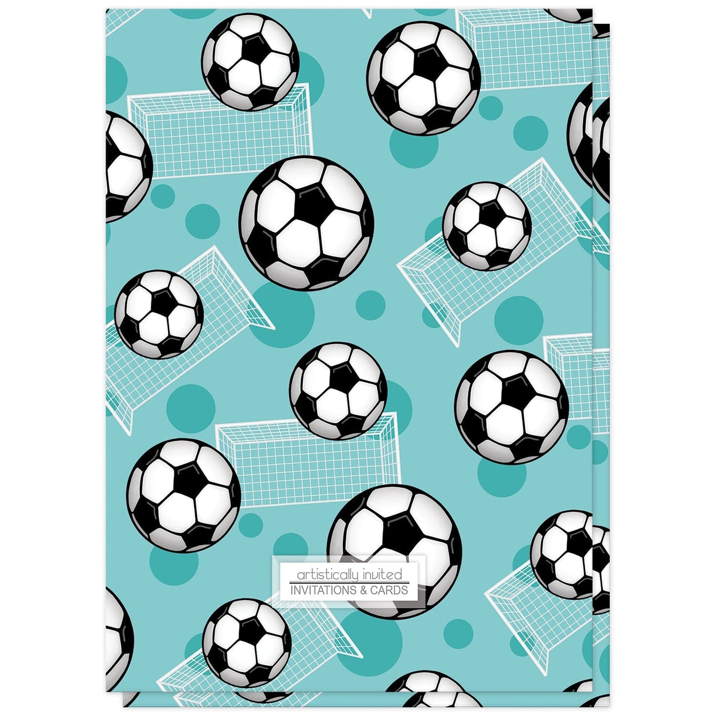 Soccer Ball and Goal Teal Birthday Party Invitations (back side) at Artistically Invited.