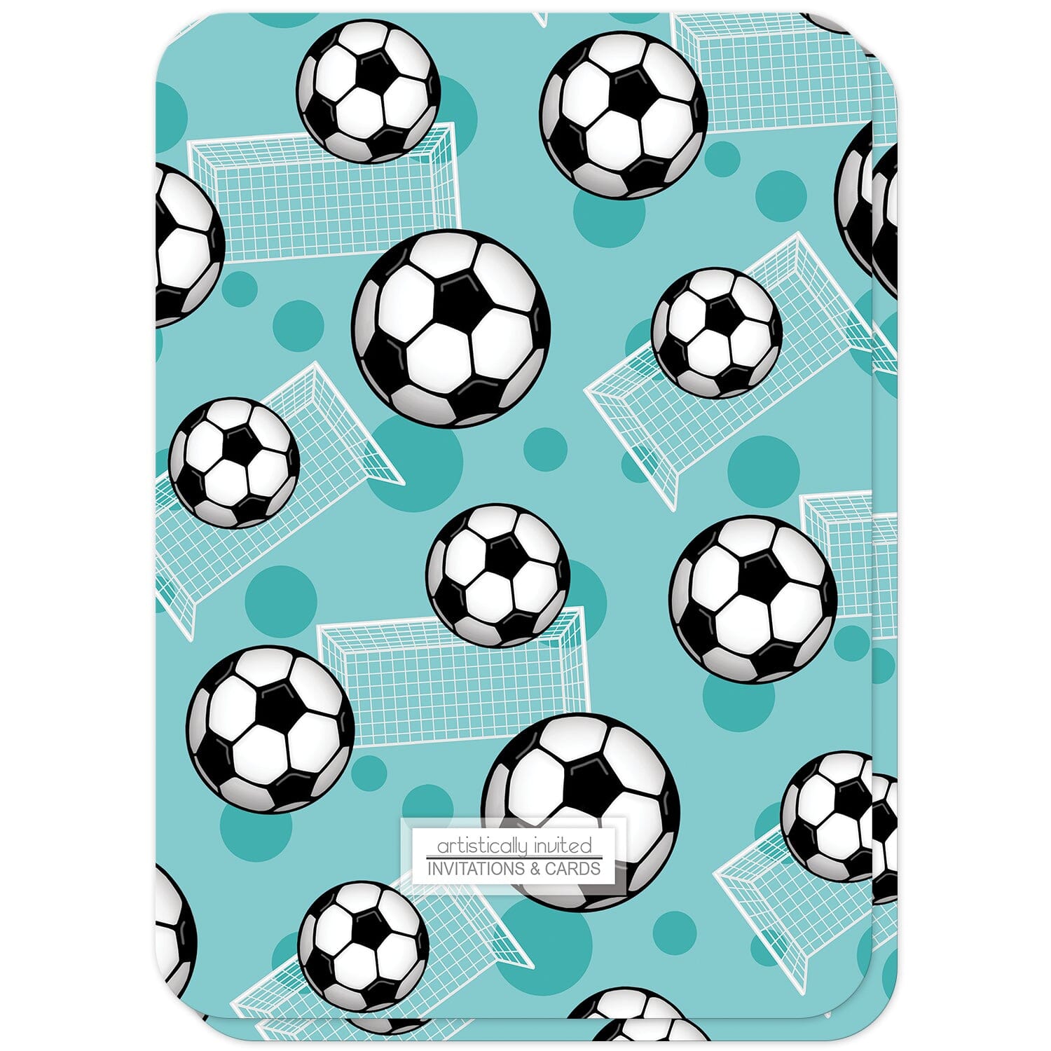 Soccer Ball and Goal Teal Birthday Party Invitations (back side with rounded corners) at Artistically Invited.