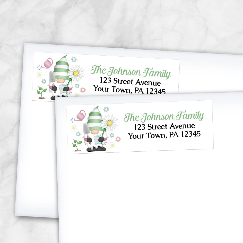 Spring Gardening Gnome Address Labels at Artistically Invited. Example of labels on envelopes.
