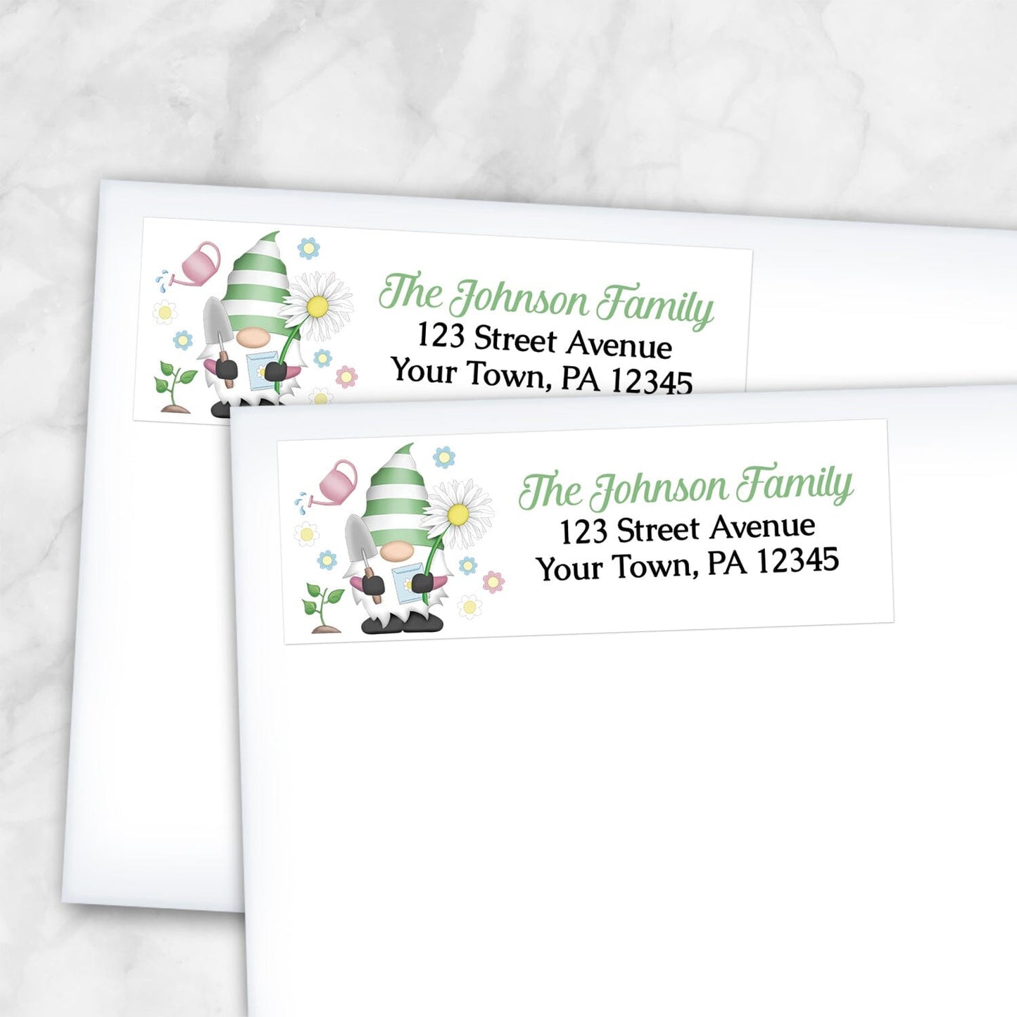 2 Spring Gardening Gnome Address Labels shown on white envelopes