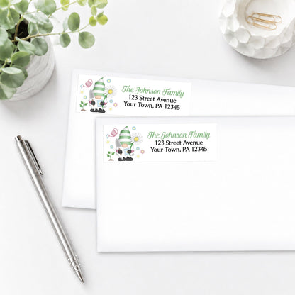 Spring Gardening Gnome Address Labels on white envelopes, shown on a white surface with a pen and plant.