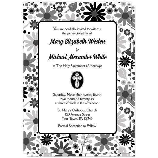 St. Olga Cross Orthodox wedding invitation with black, white, and gray floral pattern, rounded white panel, with personalized couple's names and church ceremony wording