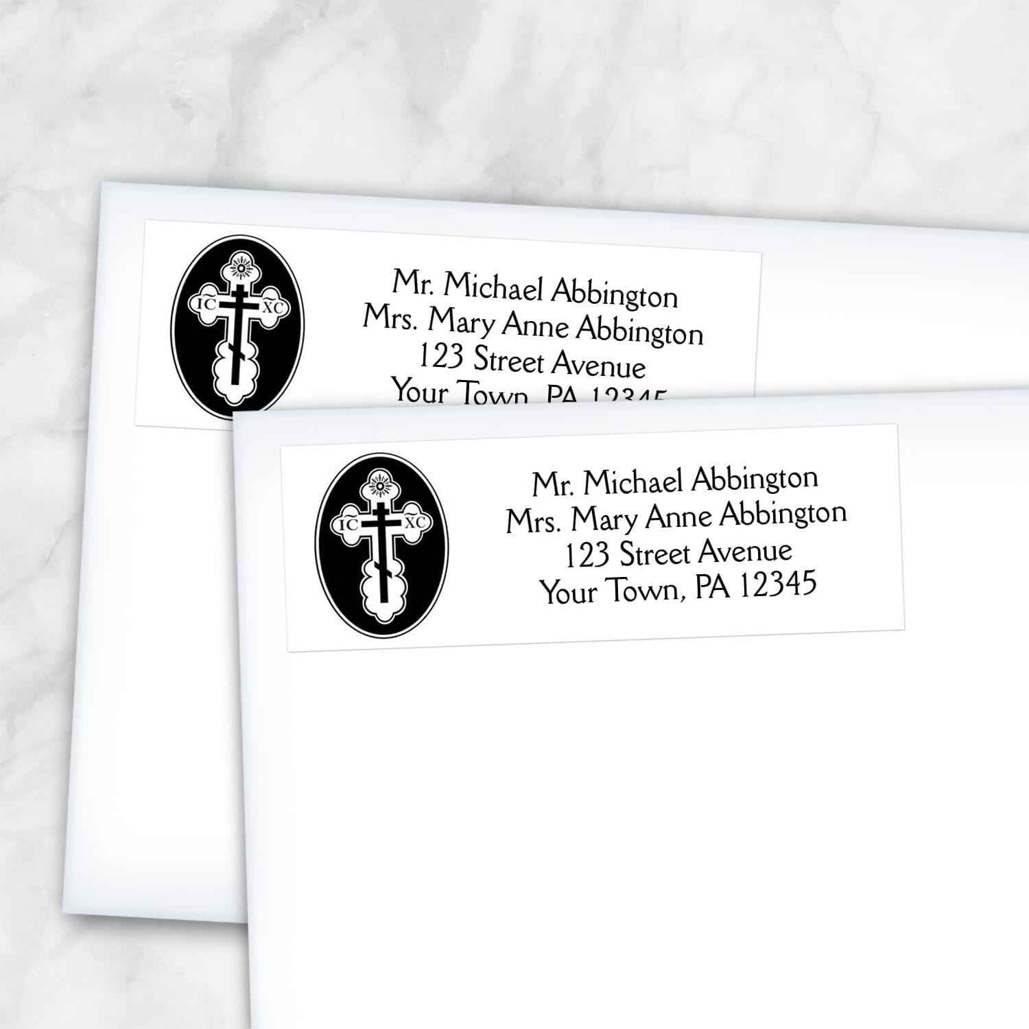 2 St. Olga Cross Orthodox Address Labels shown on white envelopes on a marble surface