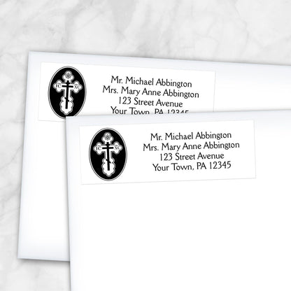 2 St. Olga Cross Orthodox Address Labels shown on white envelopes on a marble surface