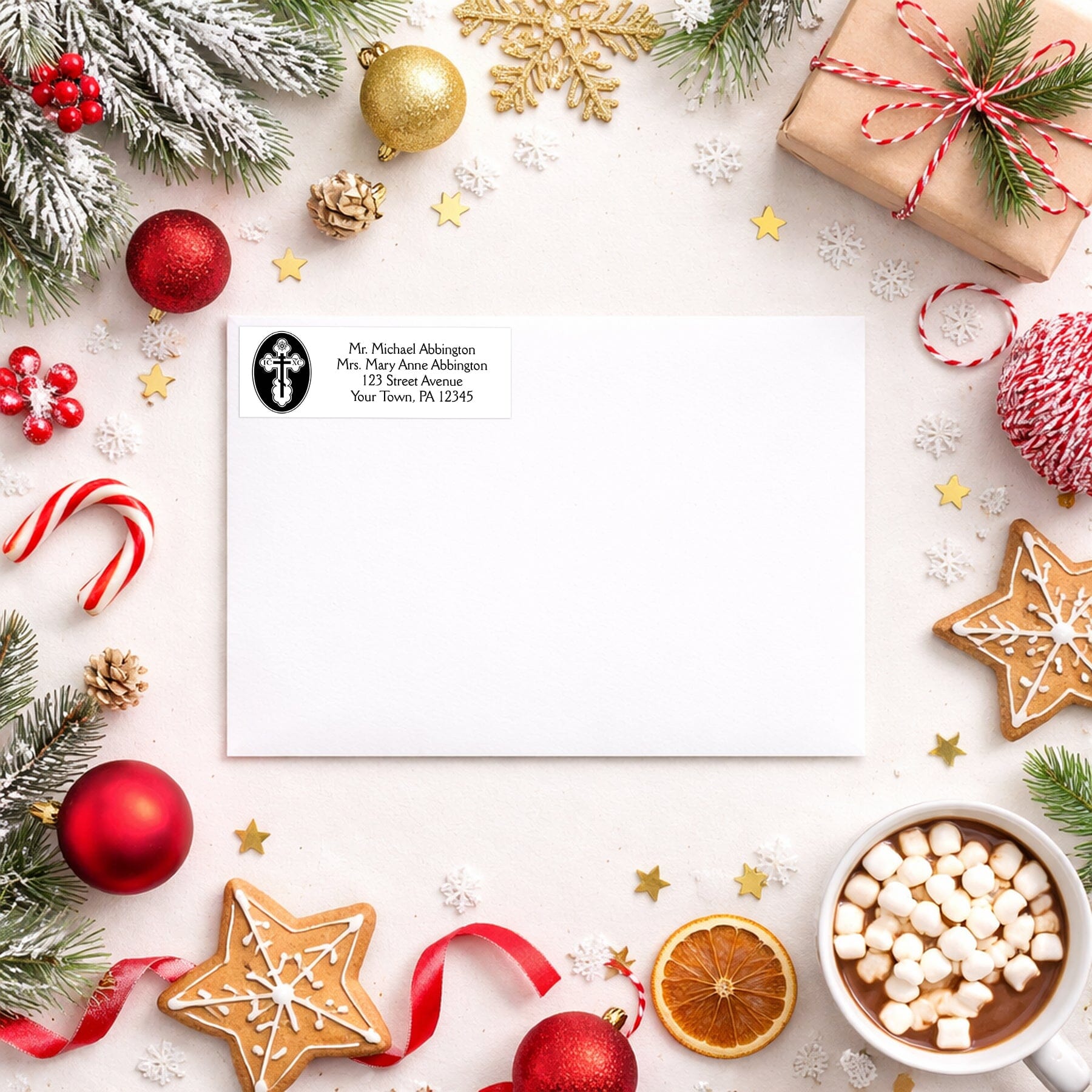 St. Olga Cross Orthodox Address Label shown on a white envelope with winter Christmas holiday or Nativity supplies