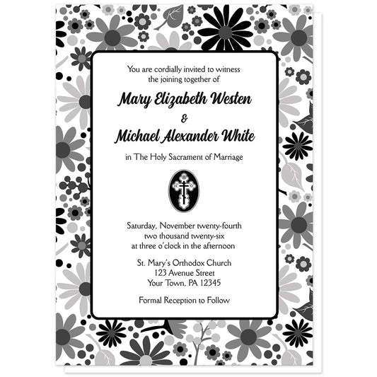 St. Olga Cross Floral Orthodox Wedding Invitation at Artistically Invited. A beautiful floral invitation for Orthodox weddings with a black, white, and gray flowers pattern background illustration. The center area of the invitations featured a St. Olga Cross design in between your personalized wedding ceremony details which are arranged in black and dark gray in a white rectangular area over the monochromatic flowers.