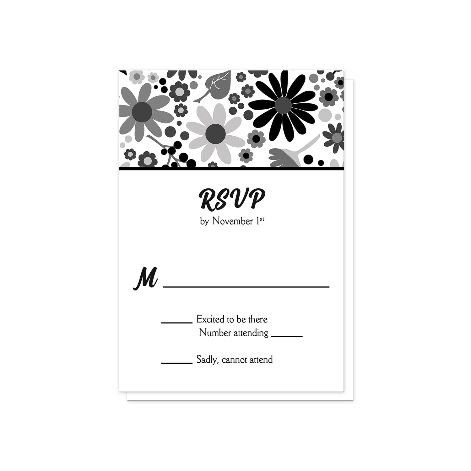 St. Olga Cross Floral Orthodox Wedding RSVP Card at Artistically Invited. A beautiful floral card for Orthodox weddings with a black, white, and gray flowers pattern background illustration along the top.