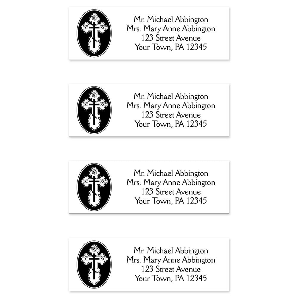 St. Olga Cross Orthodox Address Labels at Artistically Invited. These elegant address labels are designed with a beautiful St. Olga Cross design on the left with your personalized return address custom printed in black to the right over white. Image shows 4 address labels.