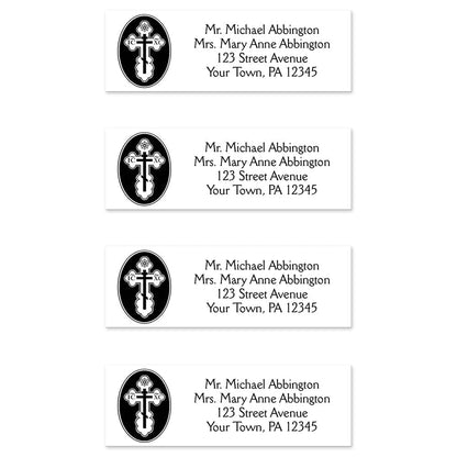 St. Olga Cross Orthodox Address Labels at Artistically Invited. These elegant address labels are designed with a beautiful St. Olga Cross design on the left with your personalized return address custom printed in black to the right over white. Image shows 4 address labels.