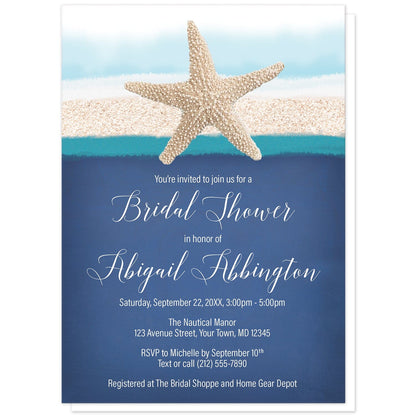 Starfish Navy Blue Teal Beach Bridal Shower Invitations at Artistically Invited. Starfish navy blue teal beach bridal shower invitations with a starfish image over a rough watercolor and sand stripe illustration in white, blue, beige, and teal along the top. Your personalized bridal shower celebration details are custom printed in white over a rough navy blue background design below the sea star.
