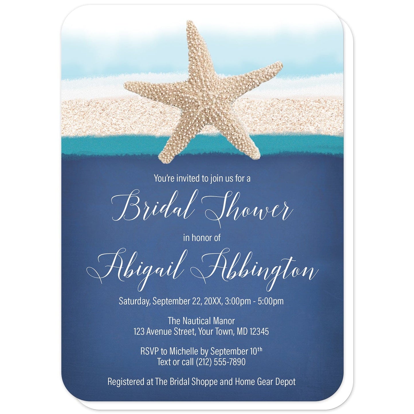 Starfish Navy Blue Teal Beach Bridal Shower Invitations (with rounded corners) at Artistically Invited. Starfish navy blue teal beach bridal shower invitations with a starfish image over a rough watercolor and sand stripe illustration in white, blue, beige, and teal along the top. Your personalized bridal shower celebration details are custom printed in white over a rough navy blue background design below the sea star.