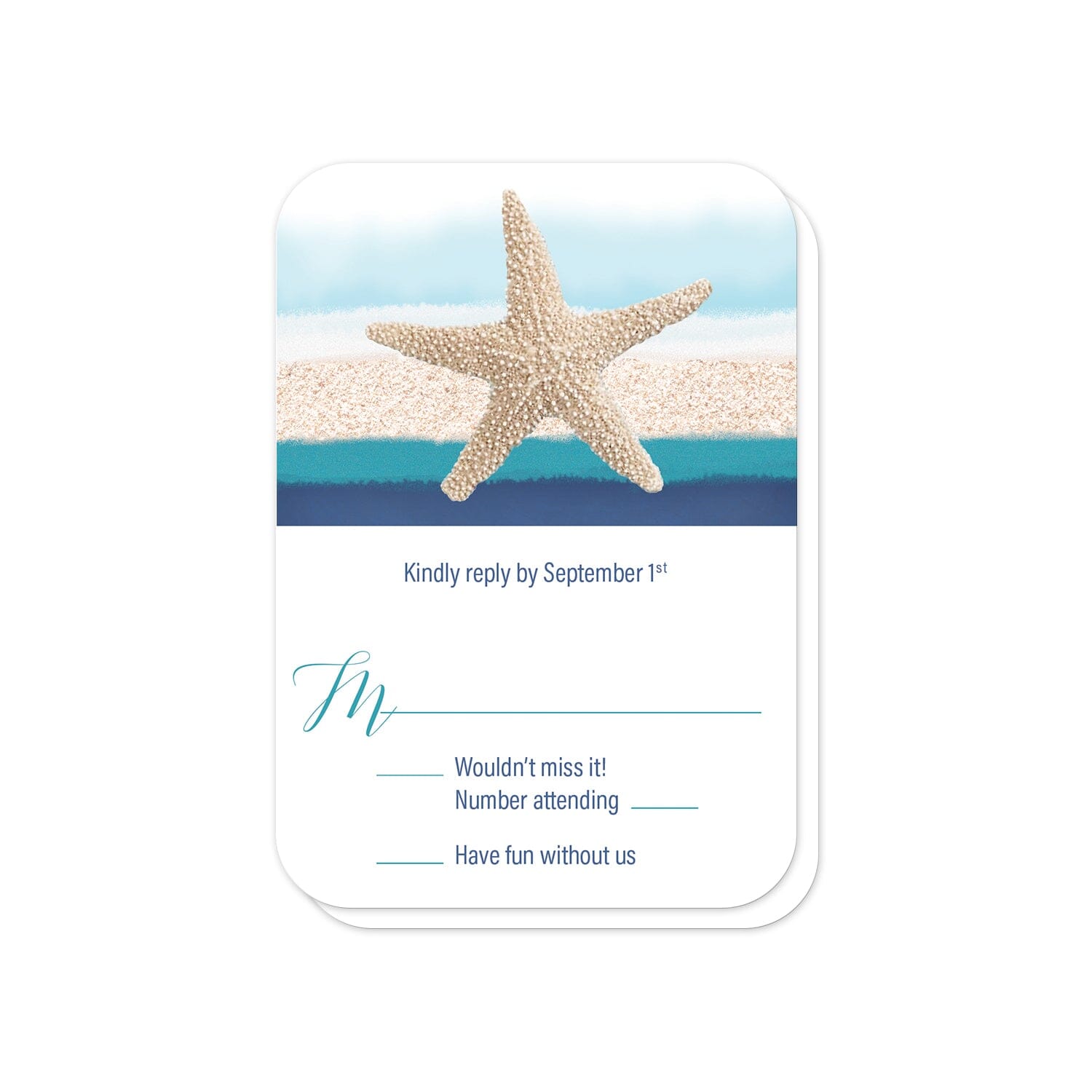 Starfish Navy Blue Teal Beach Wedding RSVP (rounded corners) at Artistically Invited