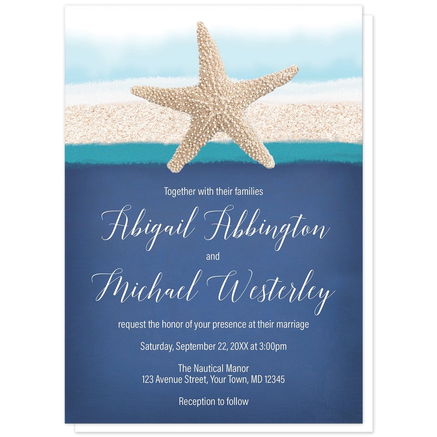 Starfish Navy Blue Teal Beach Wedding Invitations at Artistically Invited. Starfish navy blue teal beach wedding invitations with a starfish image over a rough watercolor and sand stripe illustration in white, blue, beige, and teal along the top. Your personalized marriage celebration details are custom printed in white over a rough navy blue background design below the sea star.