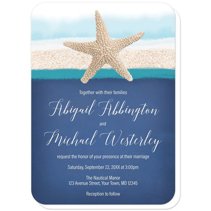 Starfish Navy Blue Teal Beach Wedding Invitations (rounded corners) at Artistically Invited. Starfish navy blue teal beach wedding invitations with a starfish image over a rough watercolor and sand stripe illustration in white, blue, beige, and teal along the top. Your personalized marriage celebration details are custom printed in white over a rough navy blue background design below the sea star.