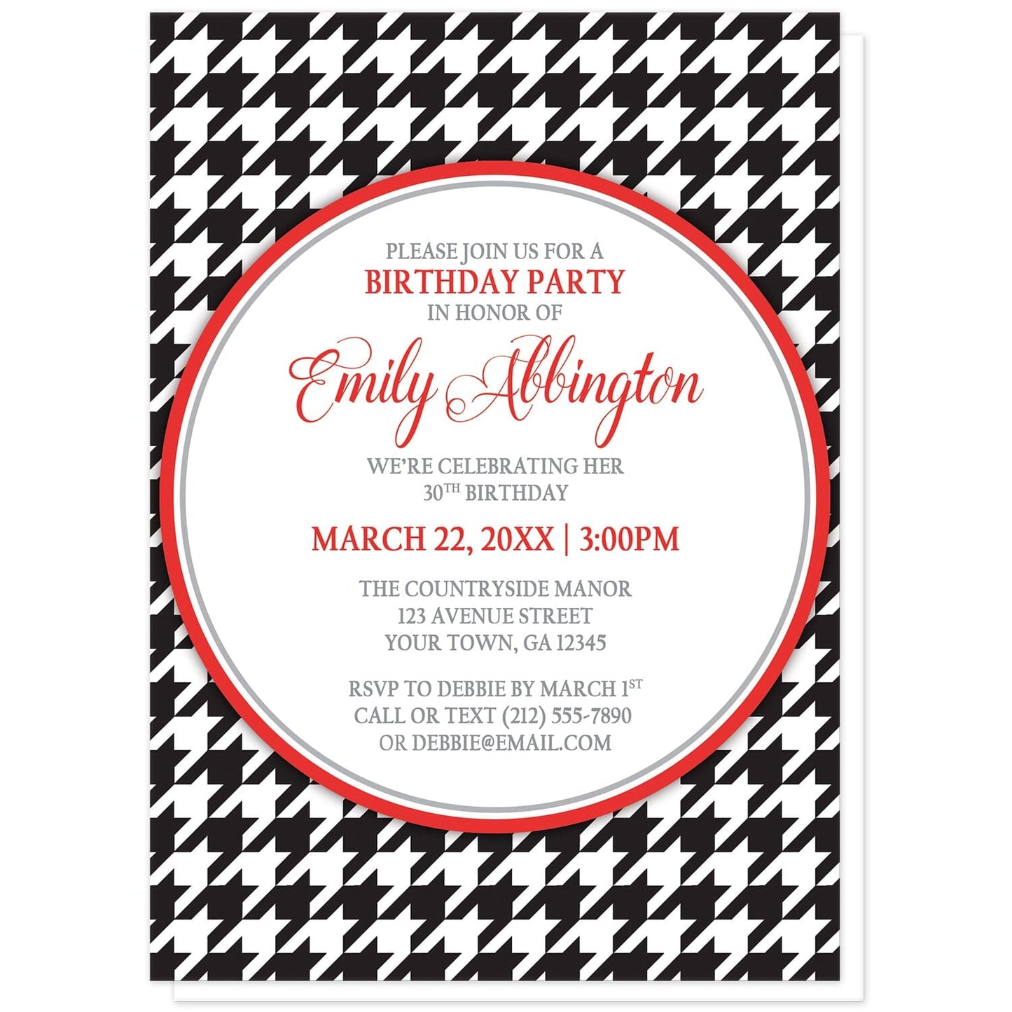 Stylish Black Houndstooth Red Birthday Invitations at Artistically Invited. Stylish black houndstooth red birthday invitations with your personalized birthday party details custom printed in red and gray inside a white circle over a black and white houndstooth pattern. 