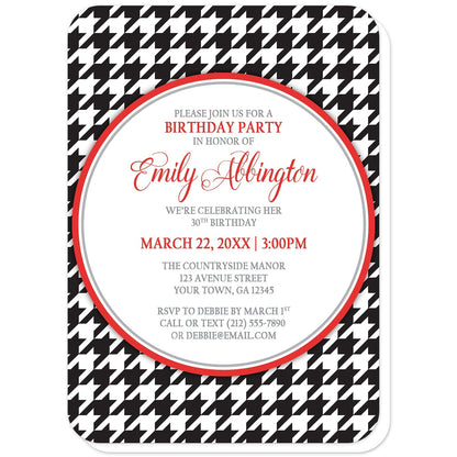 Stylish Black Houndstooth Red Birthday Invitations (with rounded corners) at Artistically Invited. Stylish black houndstooth red birthday invitations with your personalized birthday party details custom printed in red and gray inside a white circle over a black and white houndstooth pattern. 