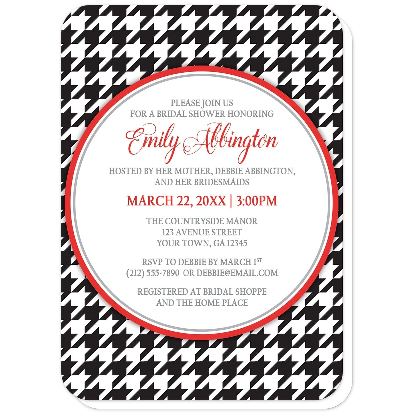 Stylish Black Houndstooth Red Bridal Shower Invitations (with rounded corners) at Artistically Invited. Stylish black houndstooth red bridal shower invitations with your personalized bridal shower celebration details custom printed in red and gray inside a white circle over a black and white houndstooth pattern. 