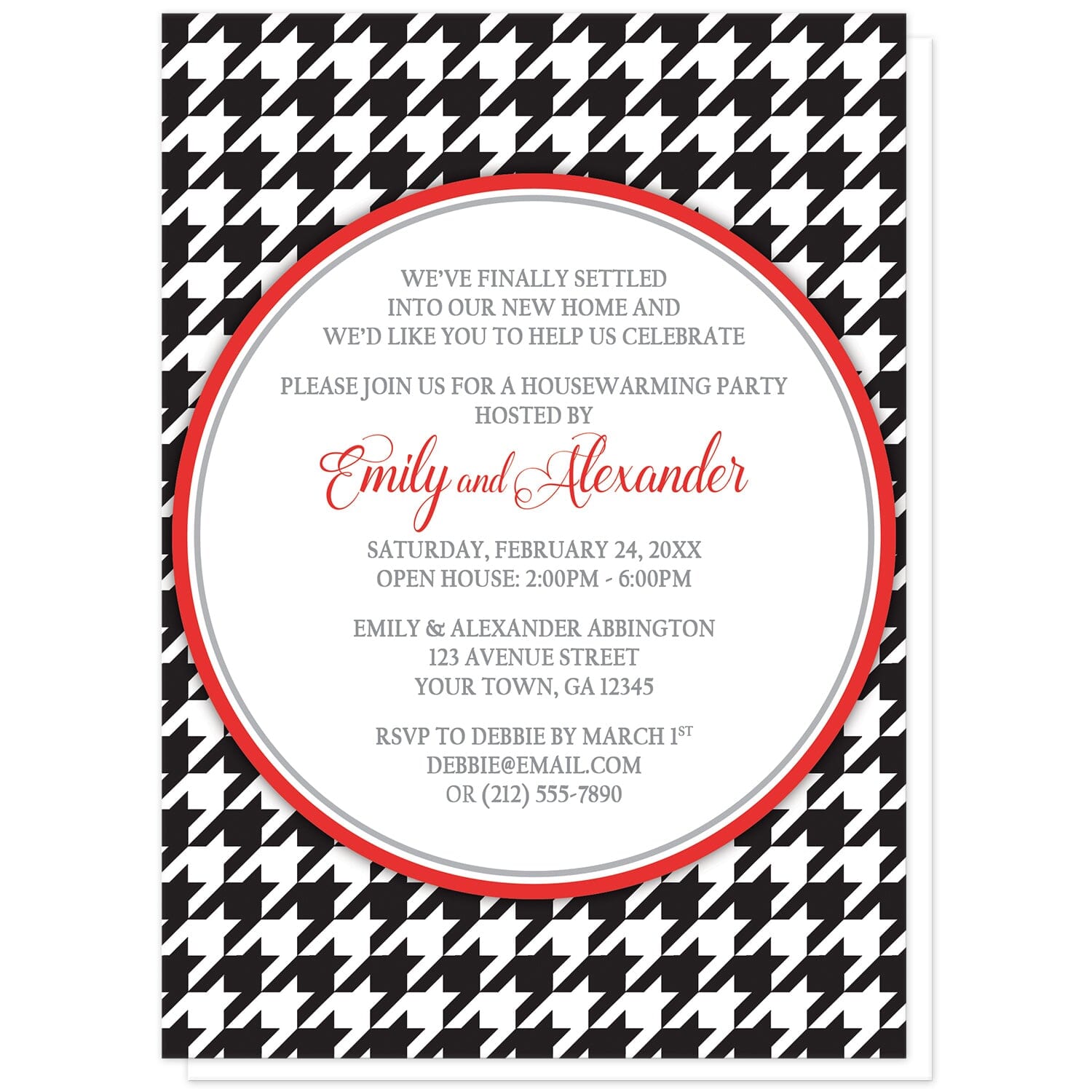 Stylish Black Houndstooth Red Housewarming Invitations at Artistically Invited. Stylish black houndstooth red housewarming invitations with your personalized celebration details custom printed in red and gray inside a white circle over a black and white houndstooth pattern. 