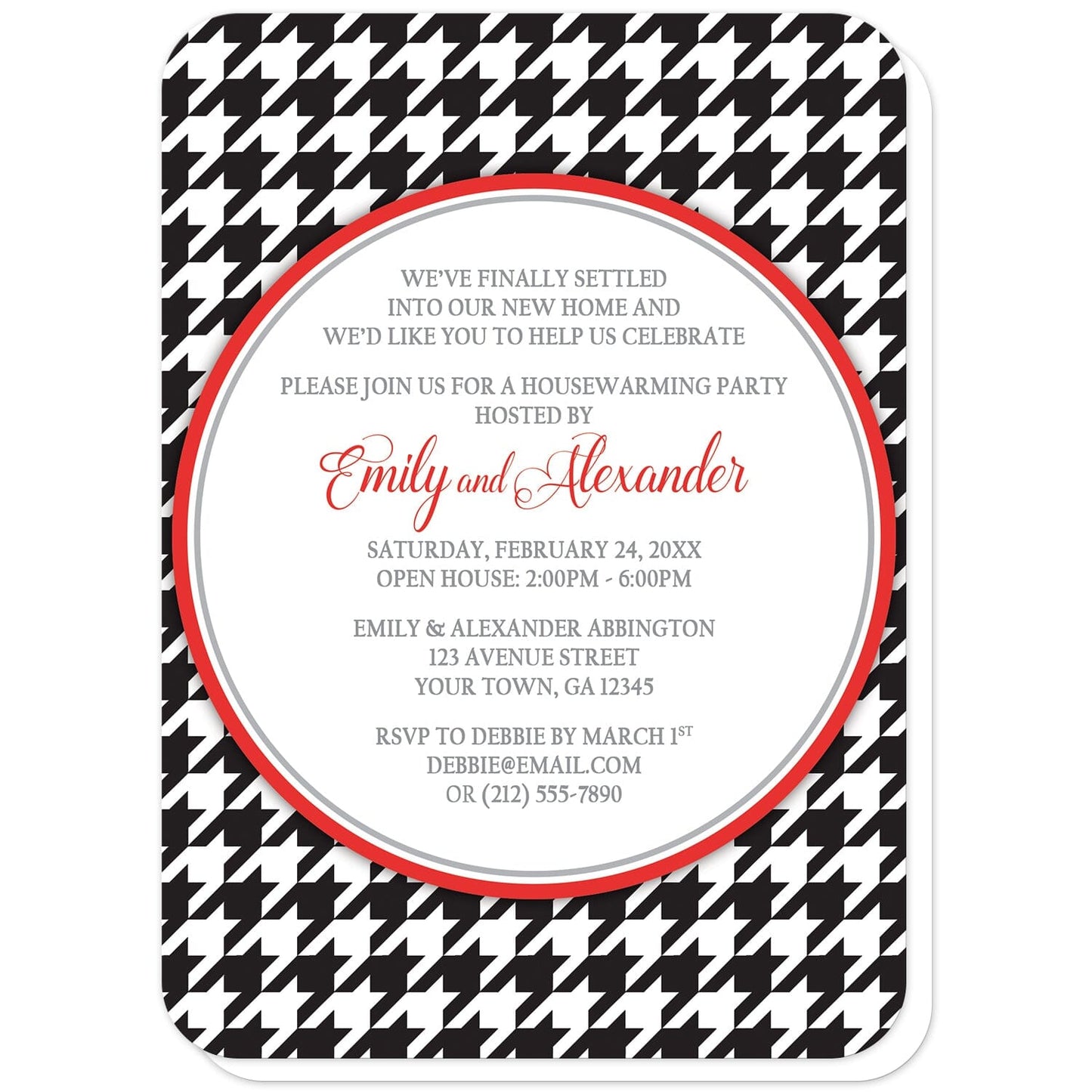 Stylish Black Houndstooth Red Housewarming Invitations (with rounded corners) at Artistically Invited. Stylish black houndstooth red housewarming invitations with your personalized celebration details custom printed in red and gray inside a white circle over a black and white houndstooth pattern. 