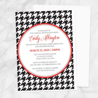 Stylish Black Houndstooth Red Bridal Shower Invitation shown on a marble surface with a white envelope.