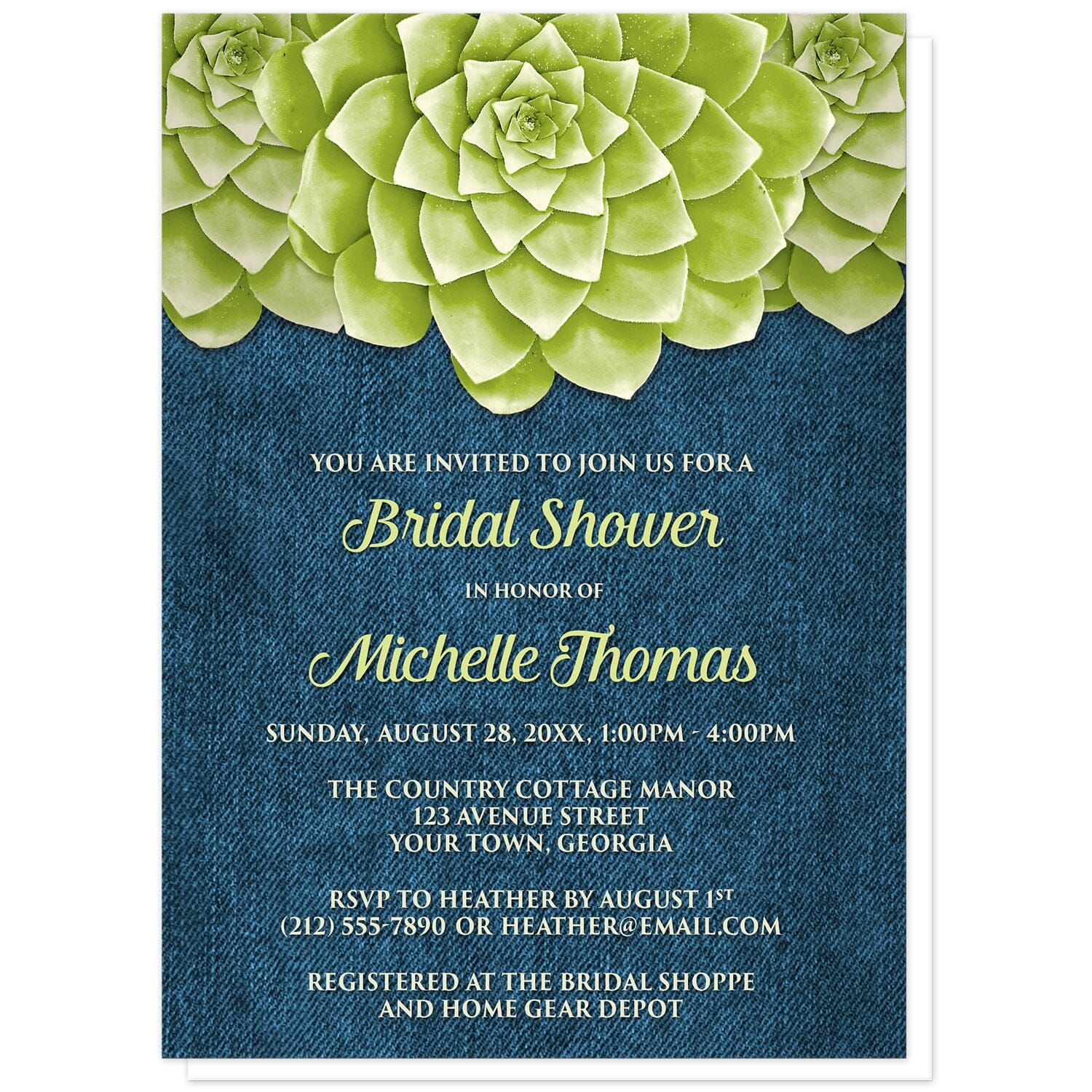 Succulent Green Blue Denim Bridal Shower Invitations at Artistically Invited. Cool and fresh succulent green blue denim bridal shower invitations with three large green succulents along the top of the invitations over a rustic blue denim background design. Your personalized bridal shower celebration details are custom printed in green and light green over the denim background below the succulents. 