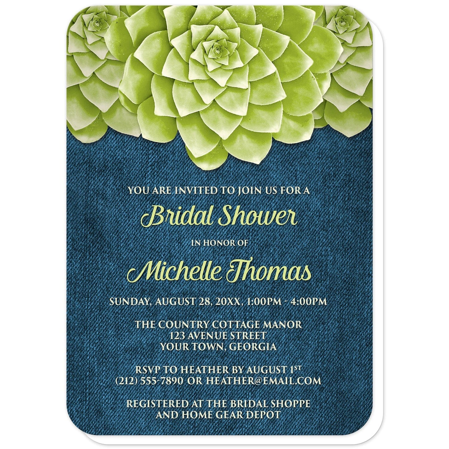 Succulent Green Blue Denim Bridal Shower Invitations (with rounded corners) at Artistically Invited. Cool and fresh succulent green blue denim bridal shower invitations with three large green succulents along the top of the invitations over a rustic blue denim background design. Your personalized bridal shower celebration details are custom printed in green and light green over the denim background below the succulents. 