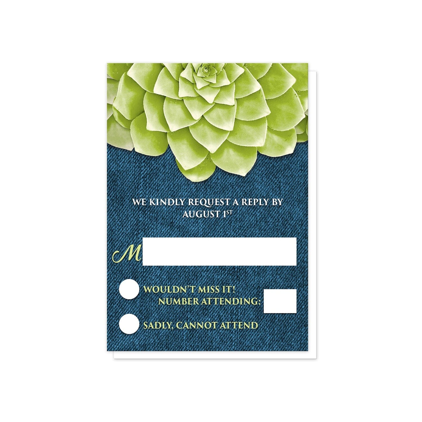 Succulent Green Blue Denim RSVP Cards at Artistically Invited.
