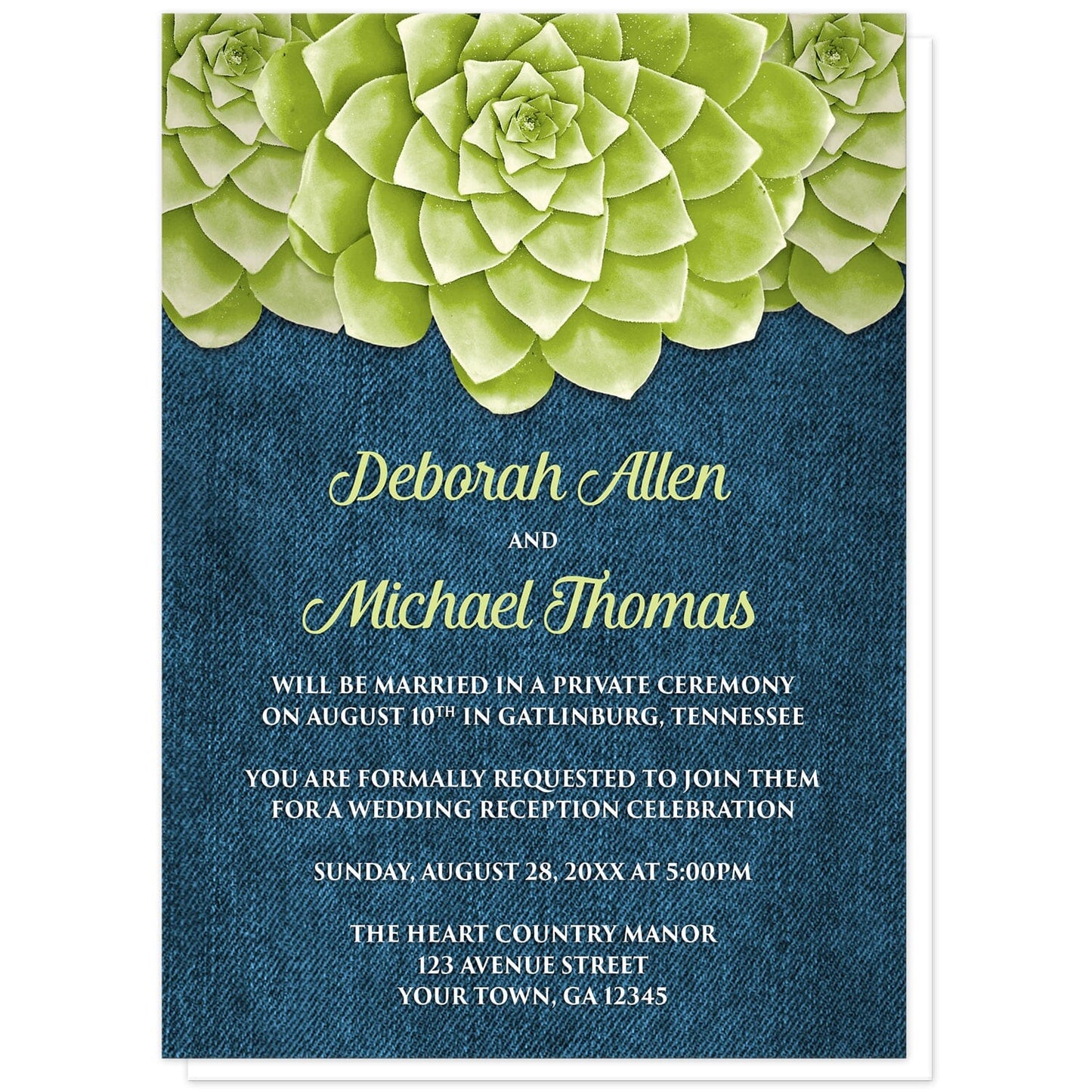 Succulent Green Blue Denim Reception Only Invitations at Artistically Invited. Cool and fresh succulent green blue denim reception only invitations with three large green succulents along the top of the invitations over a rustic blue denim background design. Your personalized post-wedding reception details are custom printed in green and light green over the denim background below the succulents. 
