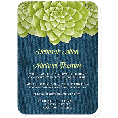 Succulent Green Blue Denim Reception Only Invitations (with rounded corners) at Artistically Invited. Cool and fresh succulent green blue denim reception only invitations with three large green succulents along the top of the invitations over a rustic blue denim background design. Your personalized post-wedding reception details are custom printed in green and light green over the denim background below the succulents. 