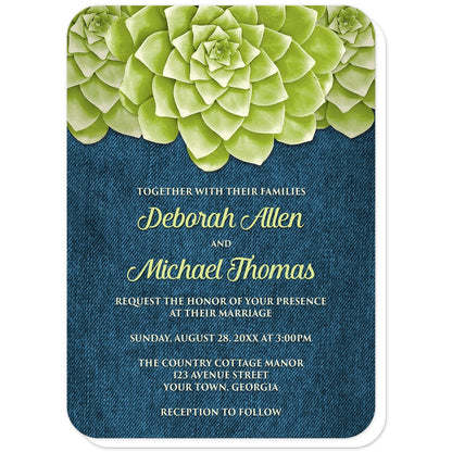 Succulent Green Blue Denim Wedding Invitations (with rounded corners) at Artistically Invited. Cool and fresh succulent green blue denim wedding invitations with three large green succulents along the top of the invitations over a rustic blue denim background design. Your personalized marriage celebration details are custom printed in green and light green over the denim background below the succulents. 