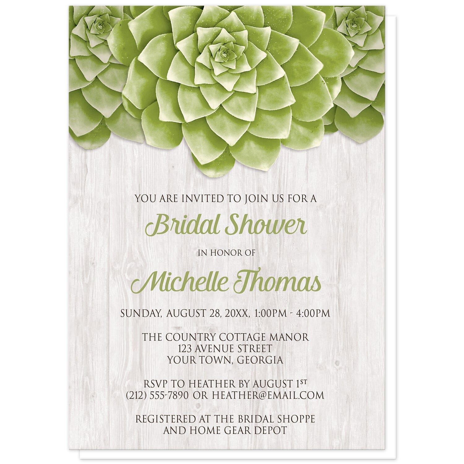 Succulent Whitewashed Wood Bridal Shower Invitations at Artistically Invited.  Cool and fresh succulent whitewashed wood bridal shower invitations with three large green succulents along the top of the invitations over a rustic whitewashed wood background design. Your personalized bridal shower celebration details are custom printed in green and dark brown over the whitewashed wood background below the succulents. 