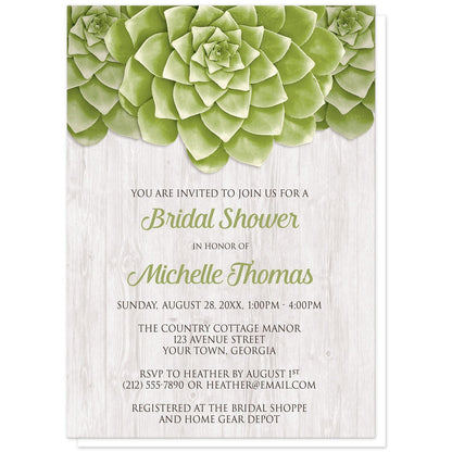 Succulent Whitewashed Wood Bridal Shower Invitations at Artistically Invited.  Cool and fresh succulent whitewashed wood bridal shower invitations with three large green succulents along the top of the invitations over a rustic whitewashed wood background design. Your personalized bridal shower celebration details are custom printed in green and dark brown over the whitewashed wood background below the succulents. 