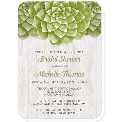 Succulent Whitewashed Wood Bridal Shower Invitations (with rounded corners) at Artistically Invited. Cool and fresh succulent whitewashed wood bridal shower invitations with three large green succulents along the top of the invitations over a rustic whitewashed wood background design. Your personalized bridal shower celebration details are custom printed in green and dark brown over the whitewashed wood background below the succulents. 