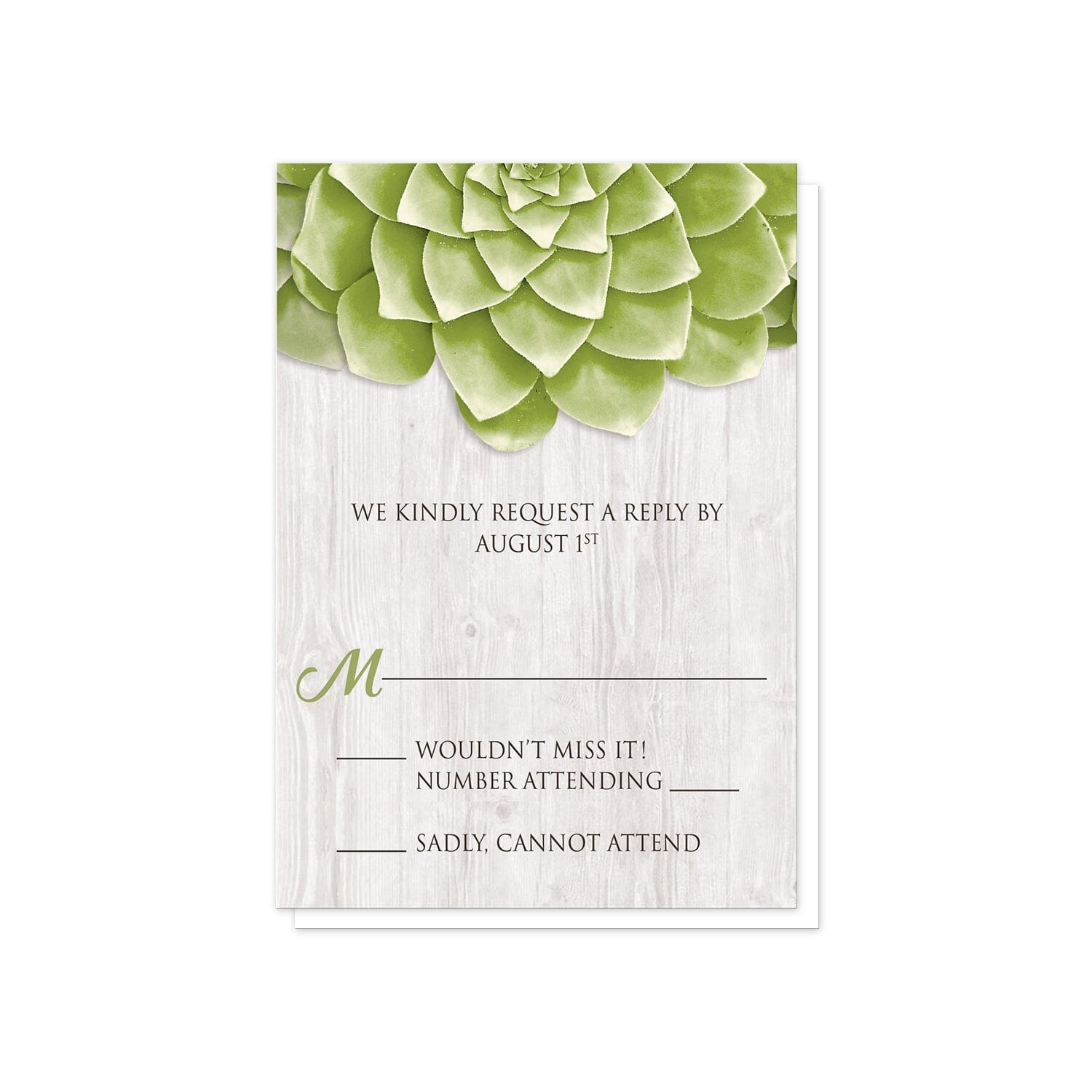 Succulent Whitewashed Wood RSVP Cards at Artistically Invited.