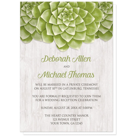 Succulent Whitewashed Wood Reception Only Invitations at Artistically Invited. Cool and fresh succulent whitewashed wood reception only invitations with three large green succulents along the top of the invitations over a rustic whitewashed wood background design. Your personalized post-wedding reception details are custom printed in green and dark brown over the whitewashed wood background below the succulents.