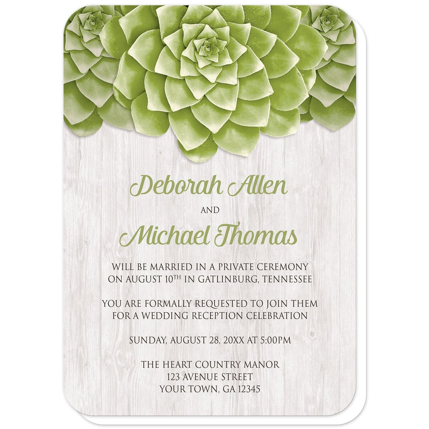 Succulent Whitewashed Wood Reception Only Invitations (with rounded corners) at Artistically Invited. Cool and fresh succulent whitewashed wood reception only invitations with three large green succulents along the top of the invitations over a rustic whitewashed wood background design. Your personalized post-wedding reception details are custom printed in green and dark brown over the whitewashed wood background below the succulents.