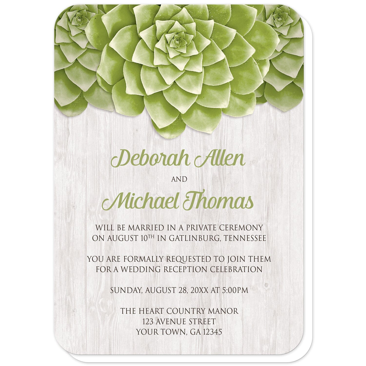 Succulent Whitewashed Wood Reception Only Invitations (with rounded corners) at Artistically Invited. Cool and fresh succulent whitewashed wood reception only invitations with three large green succulents along the top of the invitations over a rustic whitewashed wood background design. Your personalized post-wedding reception details are custom printed in green and dark brown over the whitewashed wood background below the succulents.