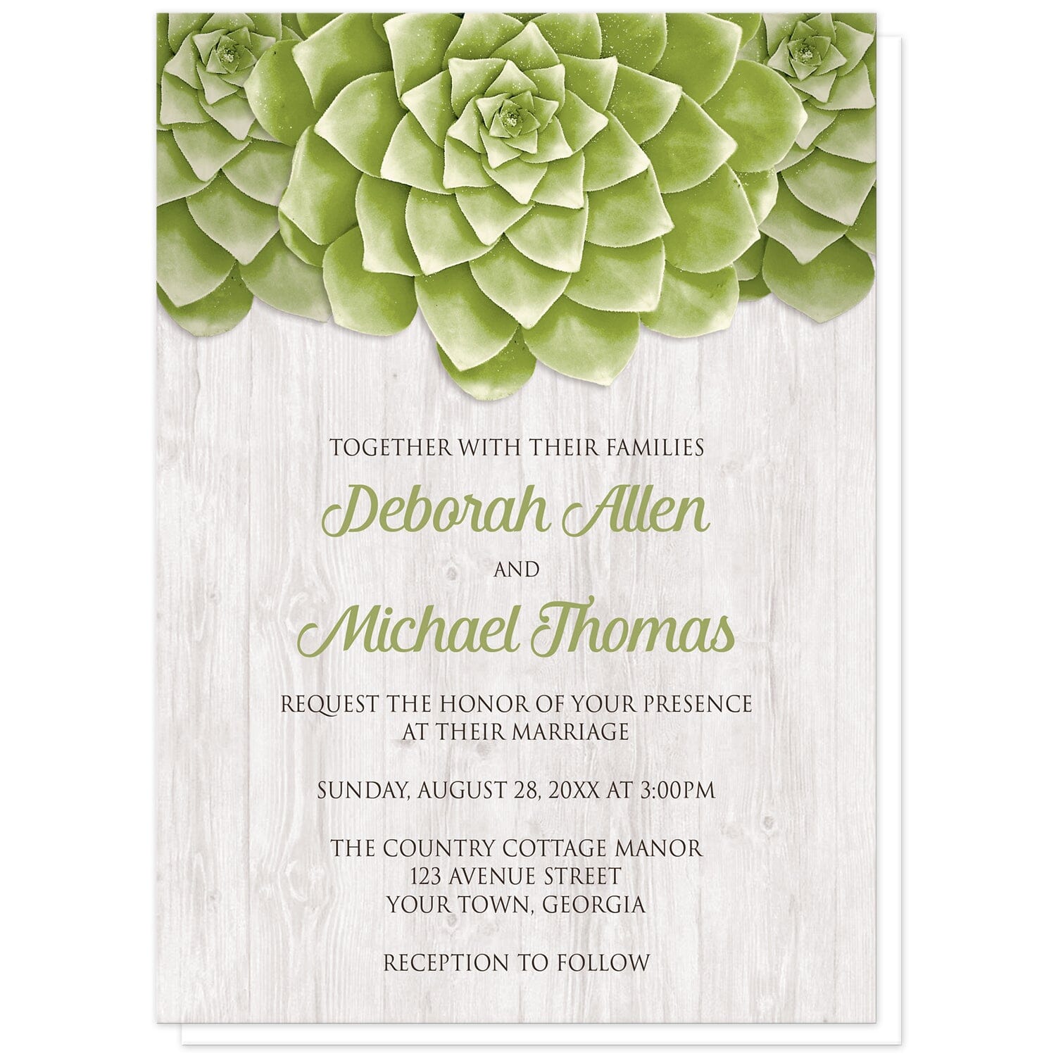 Succulent Whitewashed Wood Wedding Invitations at Artistically Invited. Cool and fresh succulent whitewashed wood wedding invitations with three large green succulents along the top of the invitations over a rustic whitewashed wood background design. Your personalized marriage celebration details are custom printed in green and dark brown over the whitewashed wood background below the succulents. 